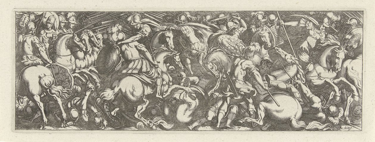 Gevecht tussen cavaleristen en infantrysten Kavalérie (název série) Faecvnda, co je Phaebusem milovaný a vděčná Florentia mužům bystrého génia, dost ukazují pvgnas, enthea silou ňader, které Merkur vyřezal ostřílenému klientovi (název seriálu) od Simon Frisius