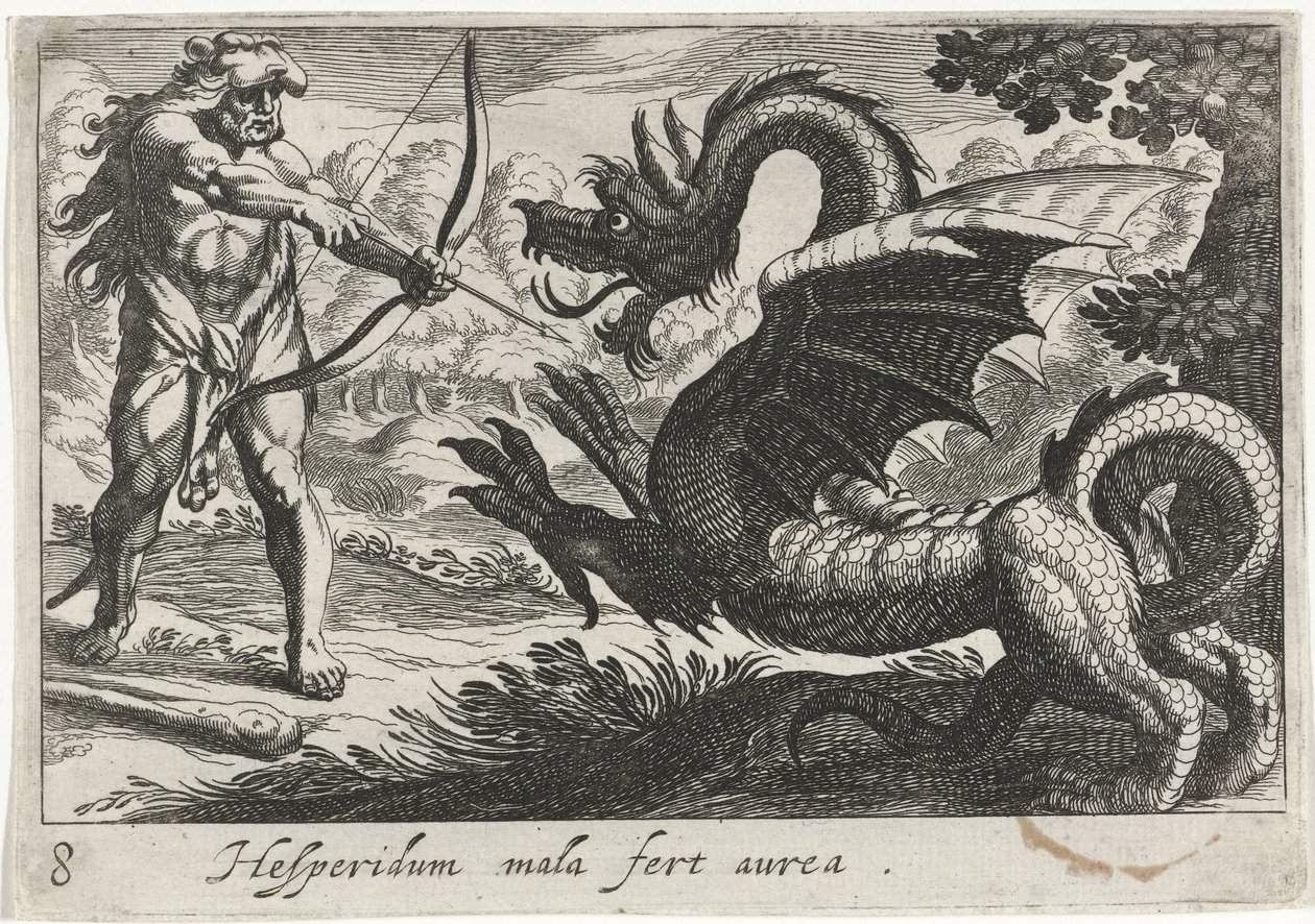 Herkules zabije draka Ladona Hesperidum mala fert aurea (název na objektu) Herkulovská témata (název série) od Simon Frisius