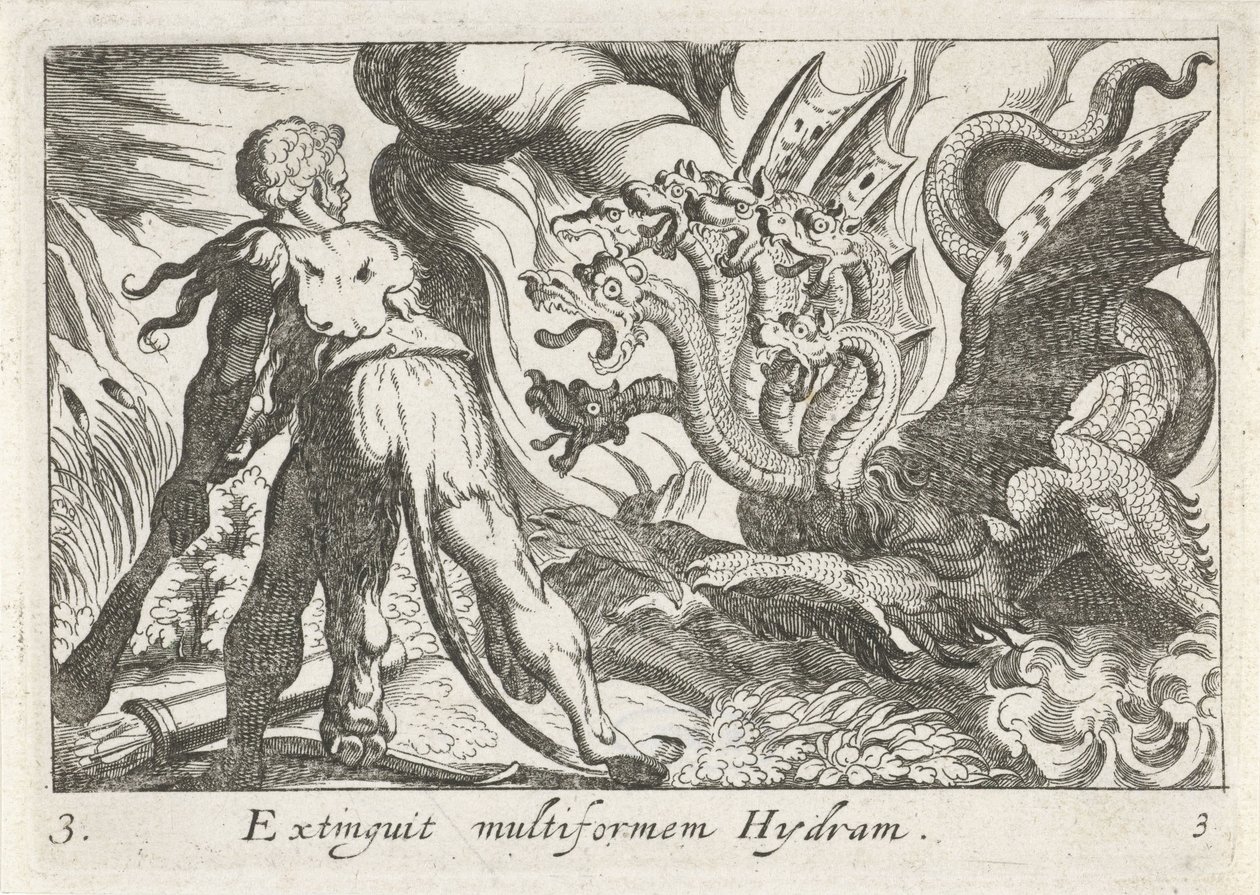 Herkules bojuje s hydrou Lerny Uhasit multiformní Hydram (název na objektu) Herkulovská témata (název série) od Simon Frisius