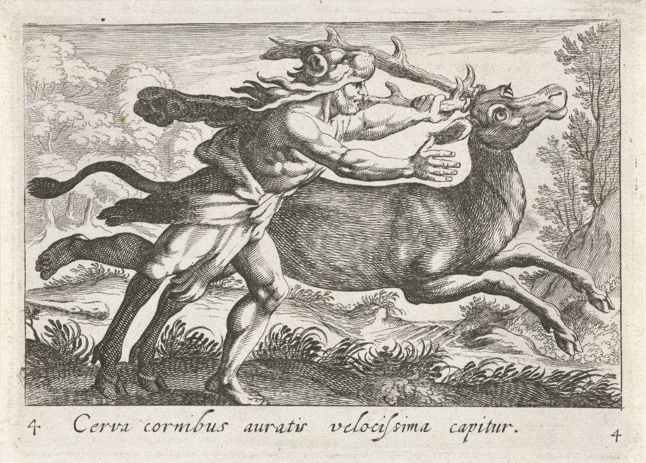 Hercules vangt de Hind van Cerynea Jelen se zlatými rohy je chycen velmi rychle (titul na předmětu) Herkulische theme