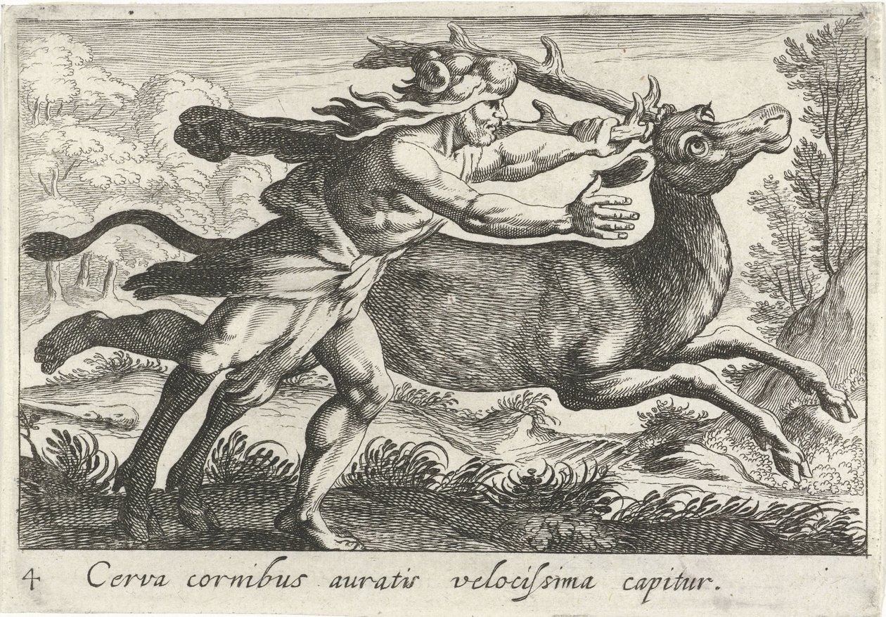 Hercules vangt de Hind van Cerynea Jelen se zlatými rohy je chycen velmi rychle (titul na předmětu) Herkulische theme