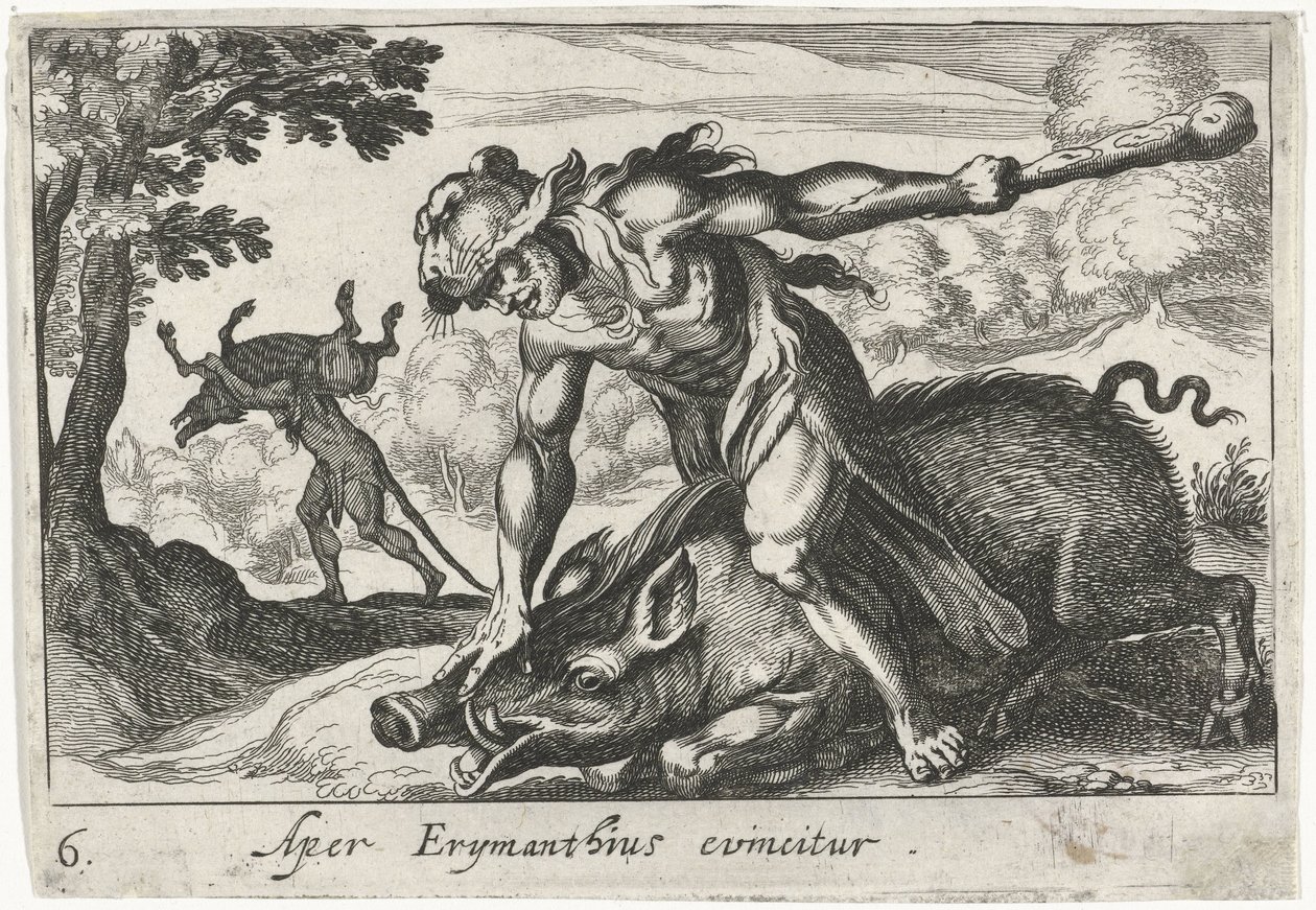 Hercules zajme prase Erymanthus Aper Erymanthius evincitur (název na objektu) Herkulovská témata (název série) od Simon Frisius