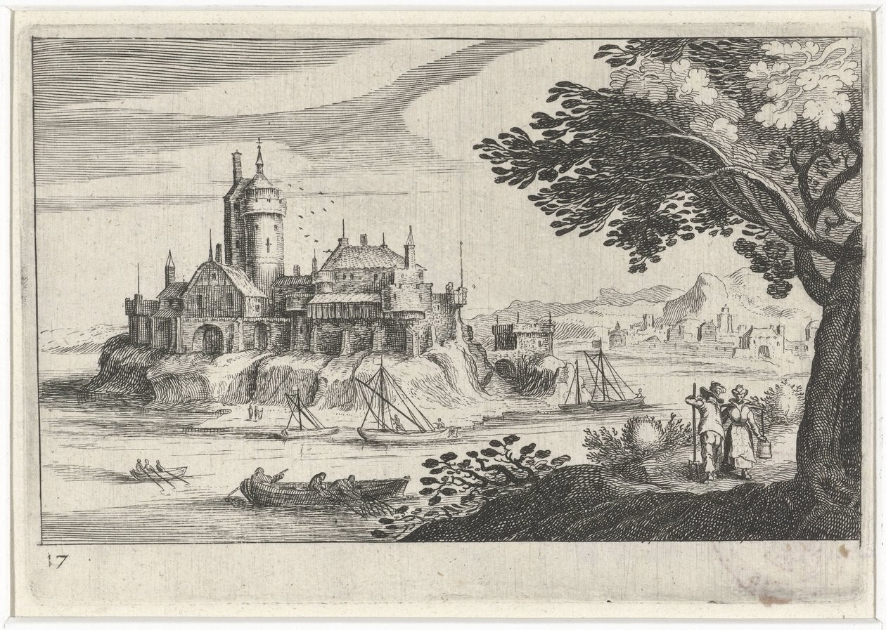 Kopcovitá krajina s hradem na ostrově Jihoevropské krajiny (název série) Topographia variarum regionum (název série) od Simon Frisius