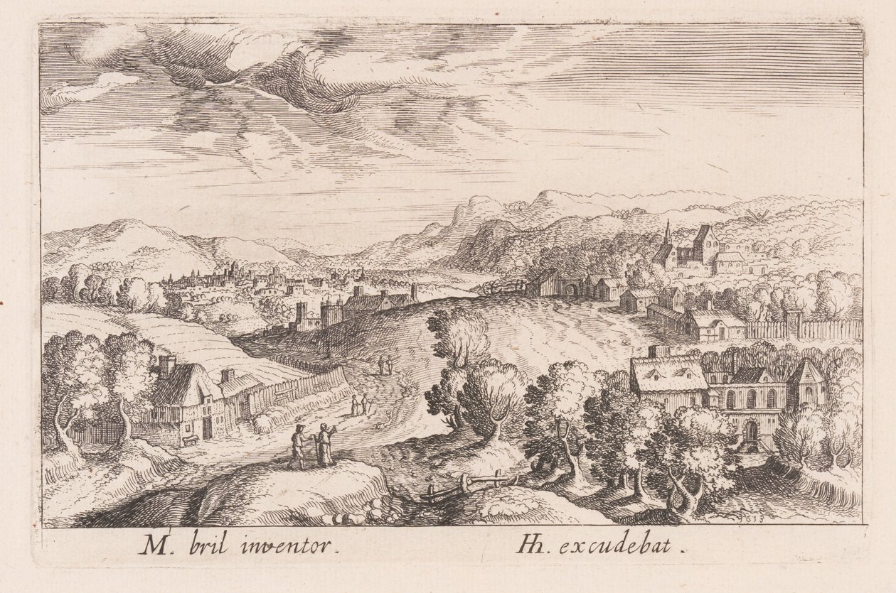 Kopcovitá krajina se třemi páry z knihy Topographia Variarum Regionum od Simon Frisius