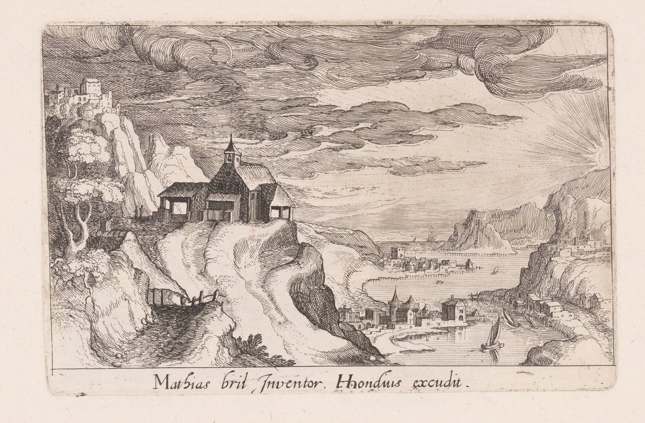 Krajina s údolím řeky a kostelem na kopci, z knihy Topographia Variarum Regionum od Simon Frisius