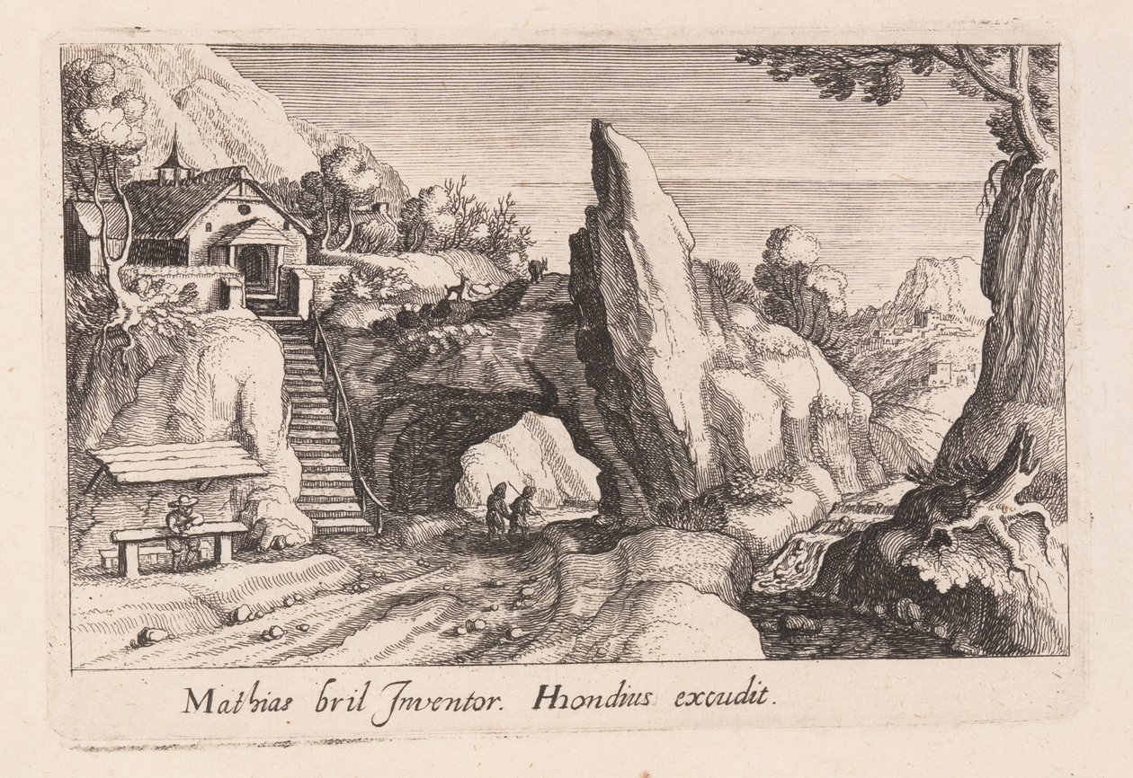 Dvojice postav kráčejících pod skalním mostem, z knihy Topographia Variarum Regionum od Simon Frisius