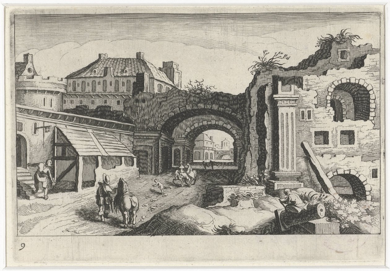 Panoráma města s ruinou Jihoevropské krajiny (název série) Topographia variarum regionum (název série) od Simon Frisius