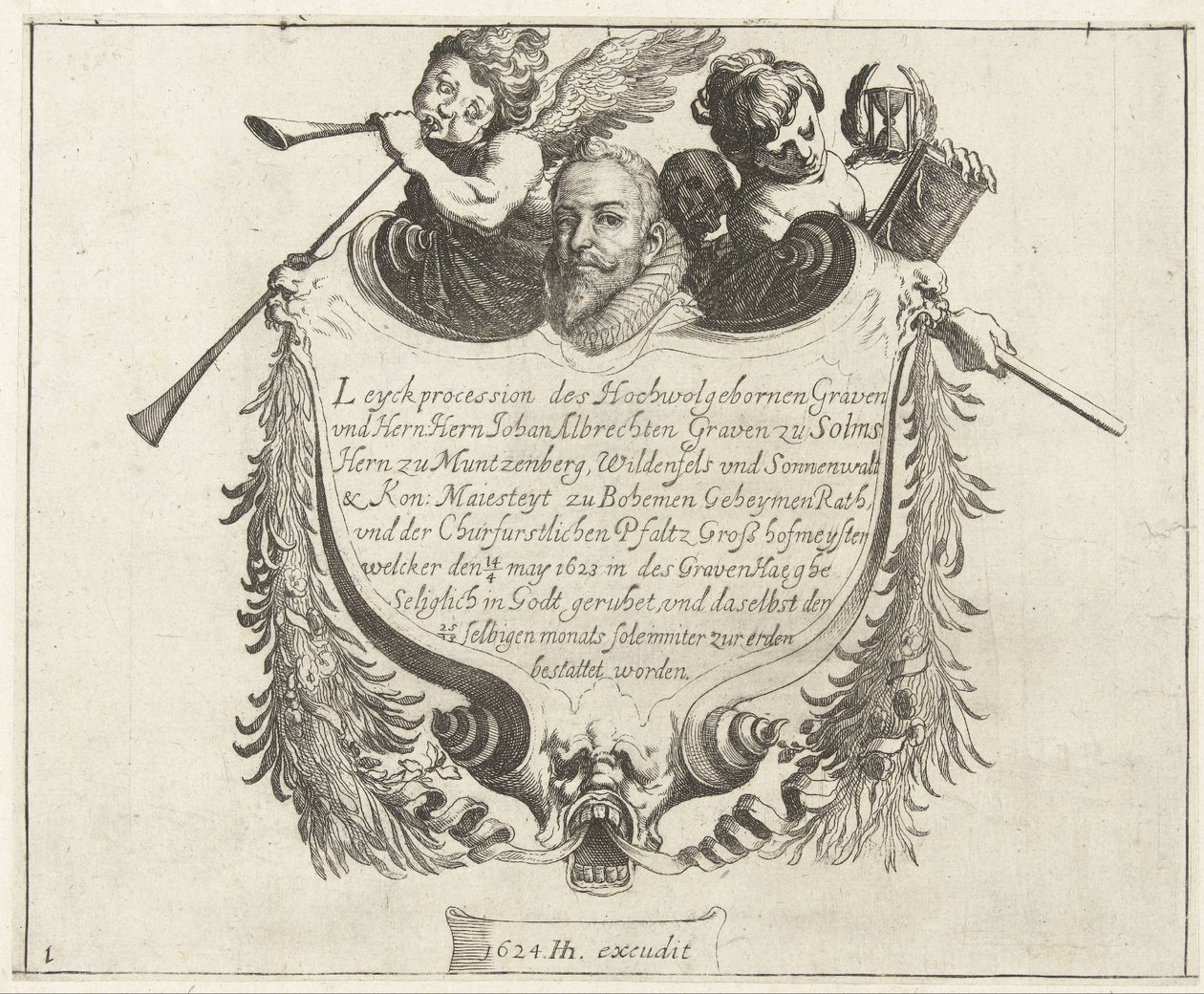 Titulní list k pohřebnímu průvodu Johanna Albrechta, hraběte ze Solmsu, 1623 od Simon Frisius