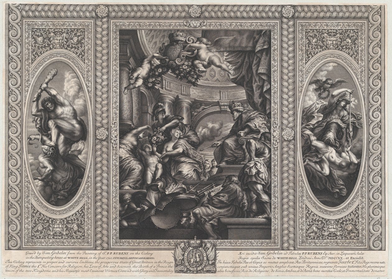 Alegorická scéna ukazující výhody Jamesovy vlády v centru, Wise Government tramp..., 1720. od Simon Gribelin