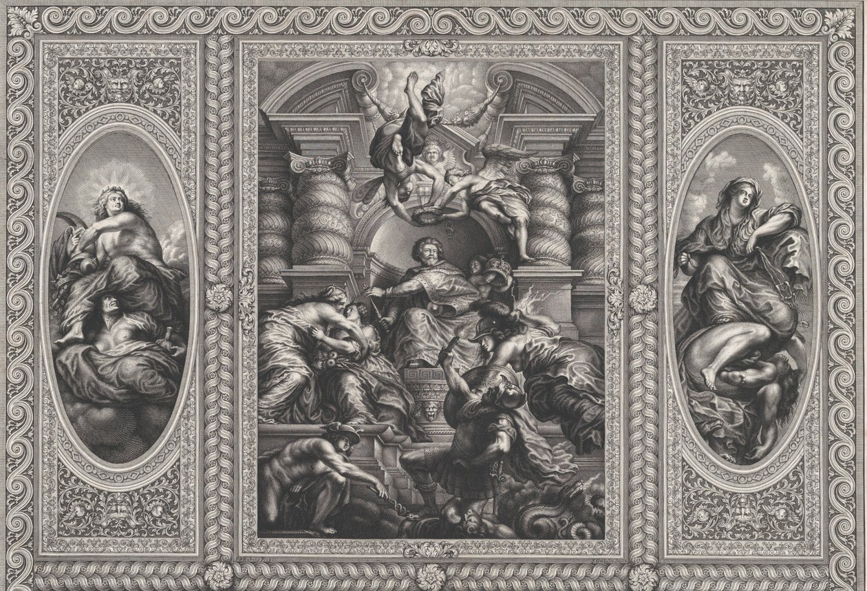 Jakub I. jmenoval Karla skotským králem v centru, Minerva oštěpovala Nevědomost v ri..., 1720. od Simon Gribelin