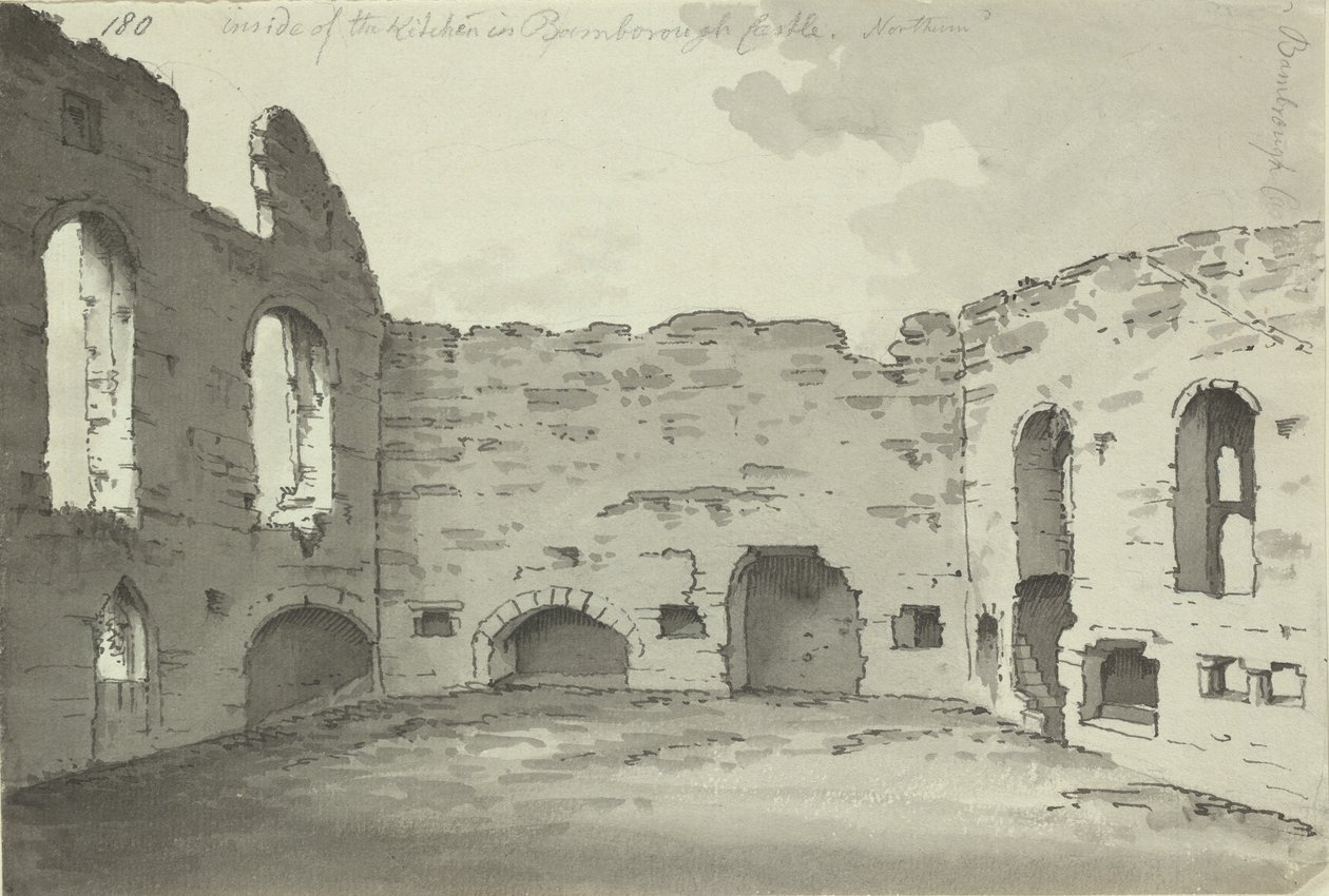 Bamburgh Castle, kuchyňské ruiny, Add. 15542, f.180, c.1780 (pero a inkoust na papíře) od Simon H. Grimm