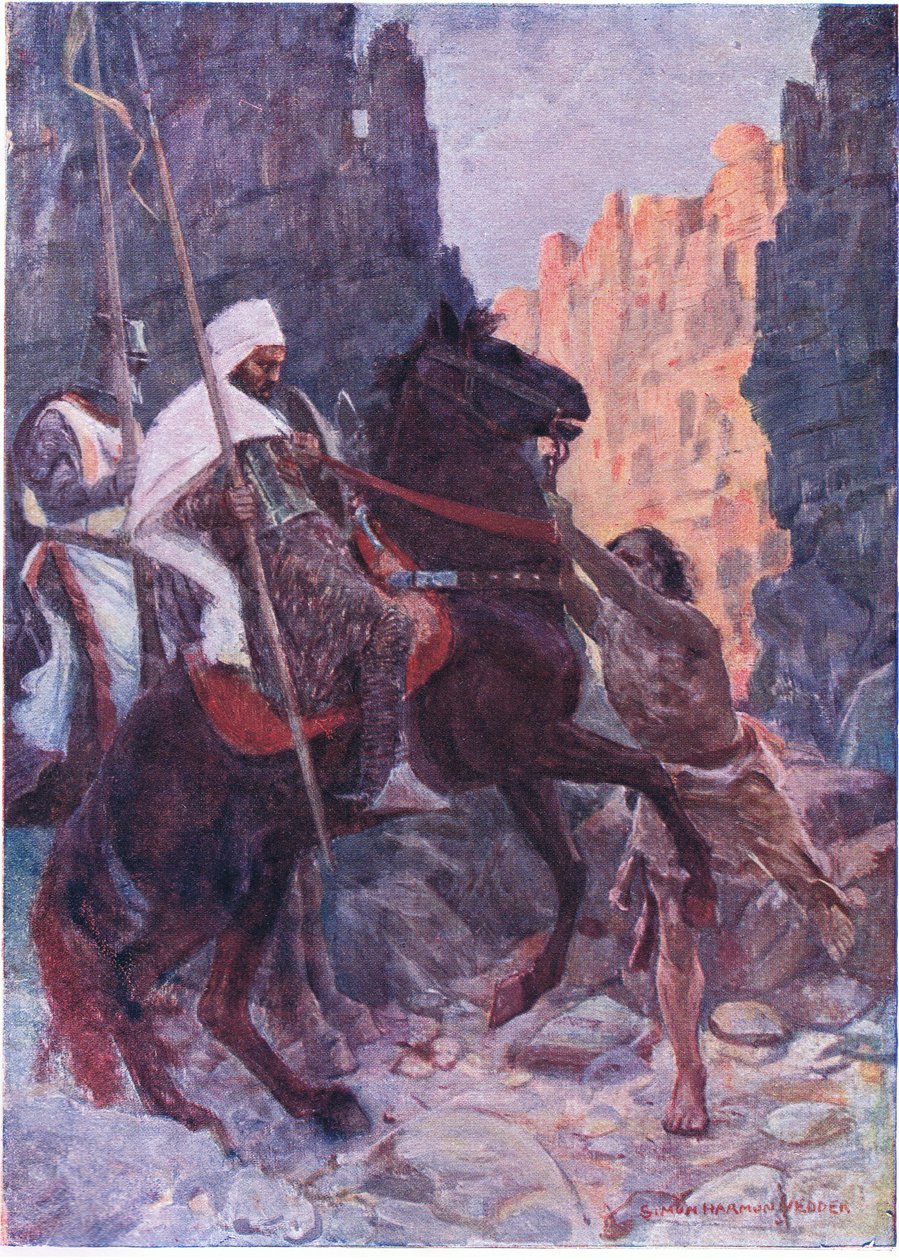 Vysoký muž oděný v kozích kůžích vyskočil doprostřed cesty a chytil otěž Saracénovy uzdy do obou rukou. od Simon Harmon Vedder
