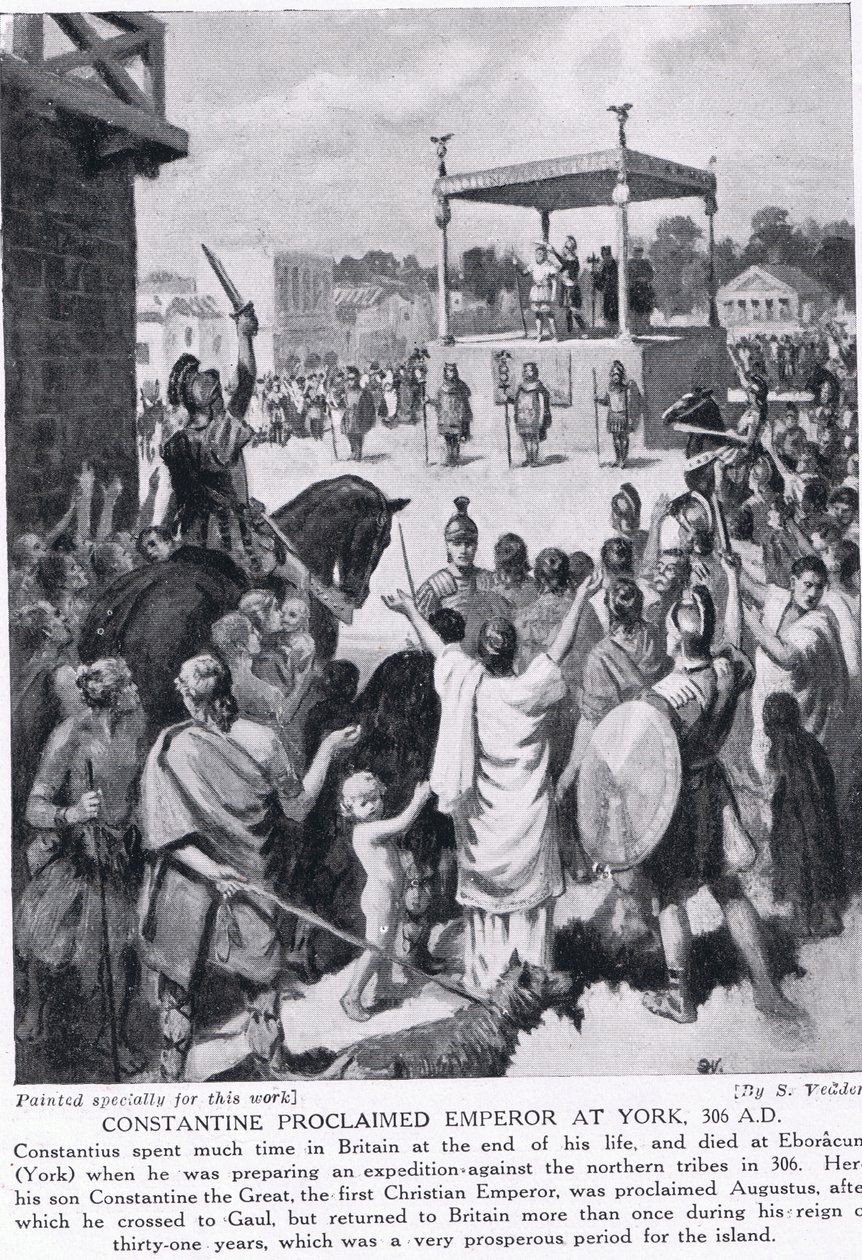 Constantine prohlásil císaře v Yorku, 306 n. l., ilustrace z „Hutchinsonových dějin národů“, kolem roku 1910 od Simon Harmon Vedder