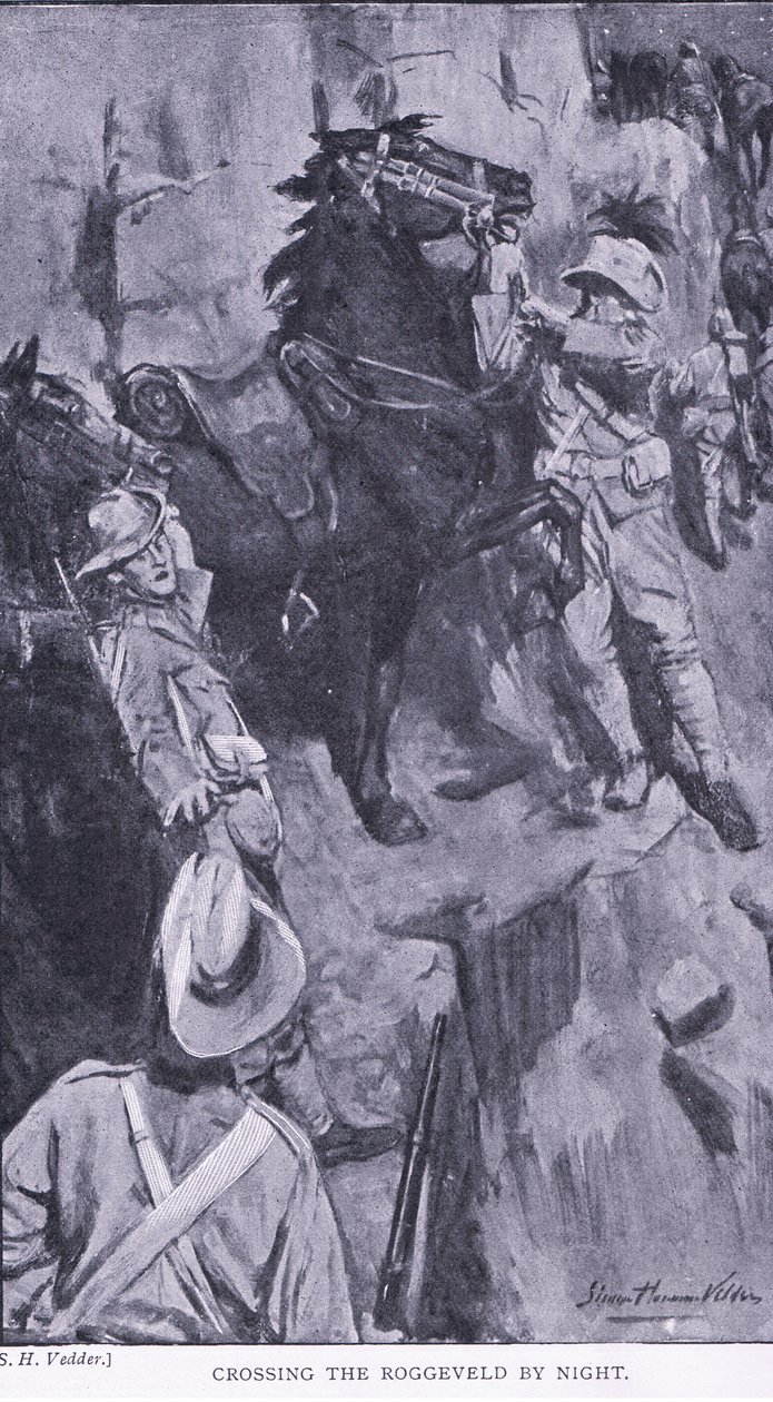 Crossing the Roggeveld by night, z After Pretoria: The Guerilla War vydané Harmsworth Brothers Limited, 1901 od Simon Harmon Vedder