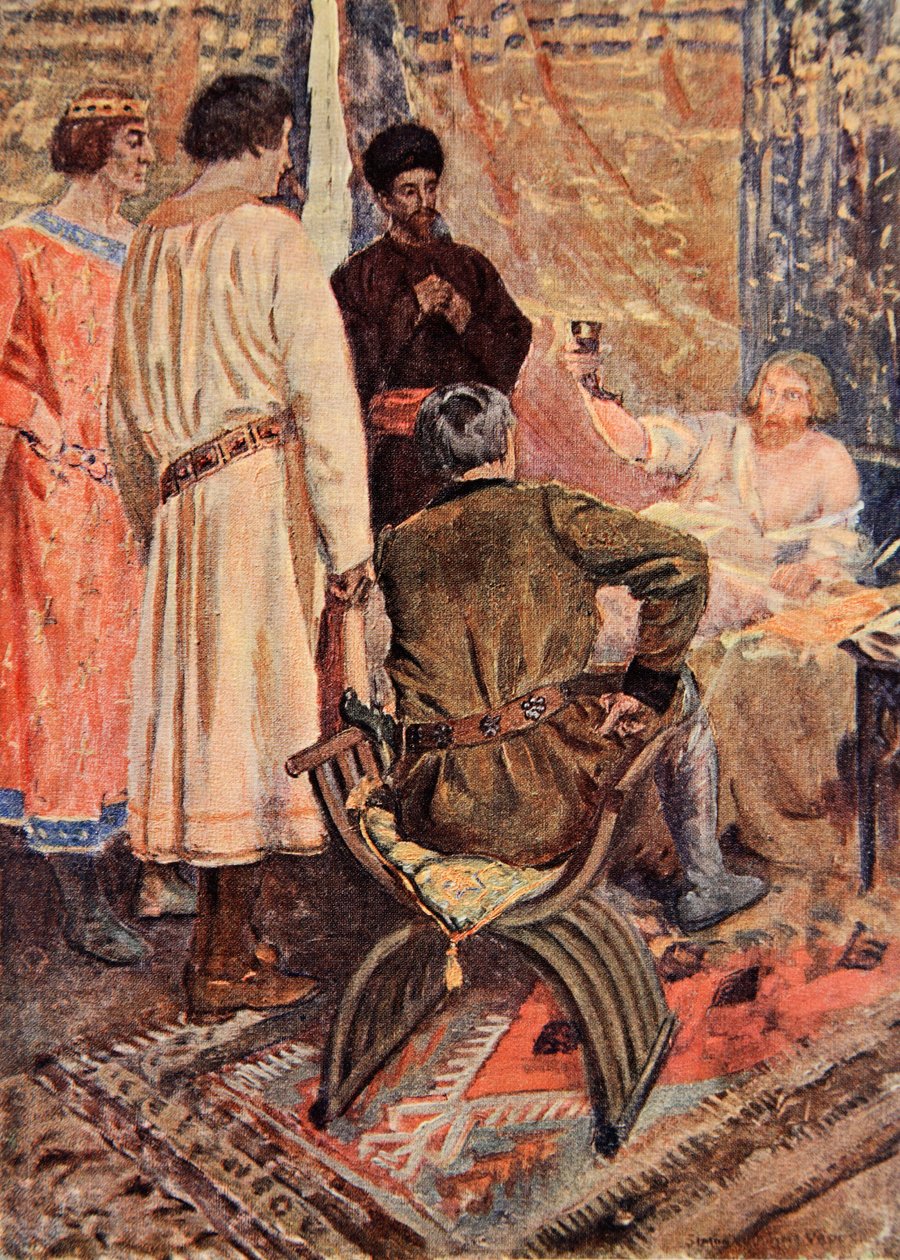 Richard Lví srdce se zvedl ve své posteli a vzal do ruky šálek, ilustrace k „The Talisman: A Tale of the Crusaders“ od Sira Waltera Scotta od Simon Harmon Vedder