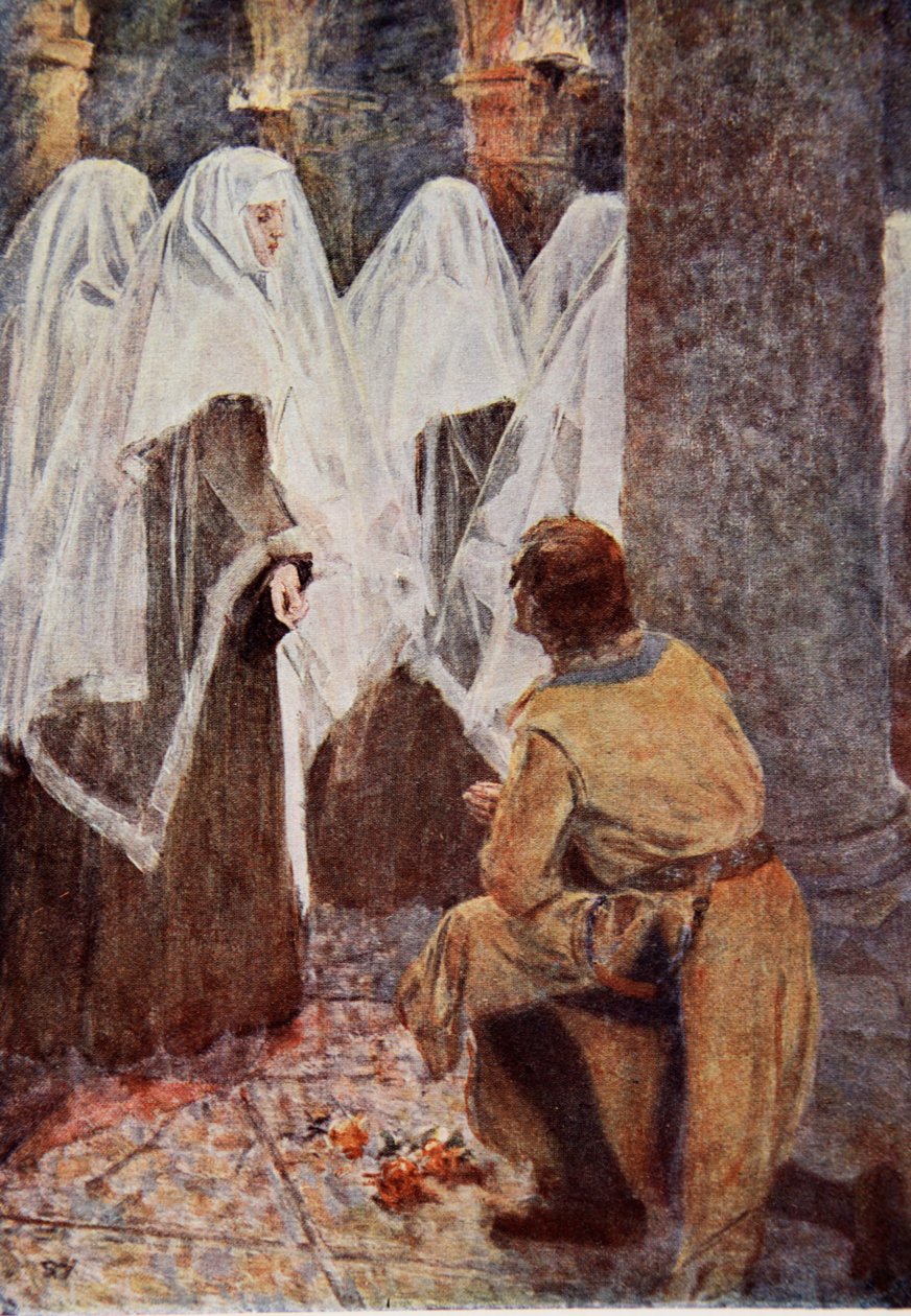 Skotský rytíř na jednom koleni sledoval, jak kolem něj procházejí zahalené jeptišky a ilustrují "Talisman": Příběh křižáků" od Sira Waltera Scotta od Simon Harmon Vedder