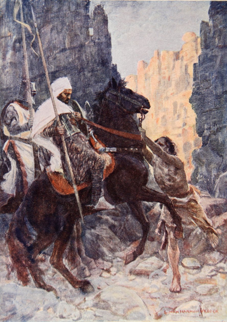 Skotský rytíř Sir Kenneth se Saracény, překvapený Hamako, když jeli v Údolí stínu smrti, ilustrace k „The Talisman: A Tale of the Crusaders“ od sira Waltera Scotta (barevné litho) od Simon Harmon Vedder