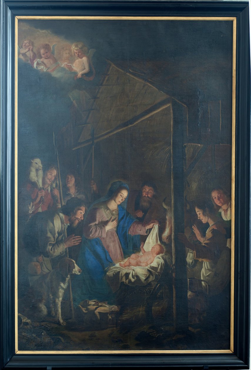 Farní kostel (kostel Nanebevzetí Panny Marie). Interiér. malování. Vánoční scéna. Simon DePaepe. Původ opatství Ename (?). od Simon II de Pape