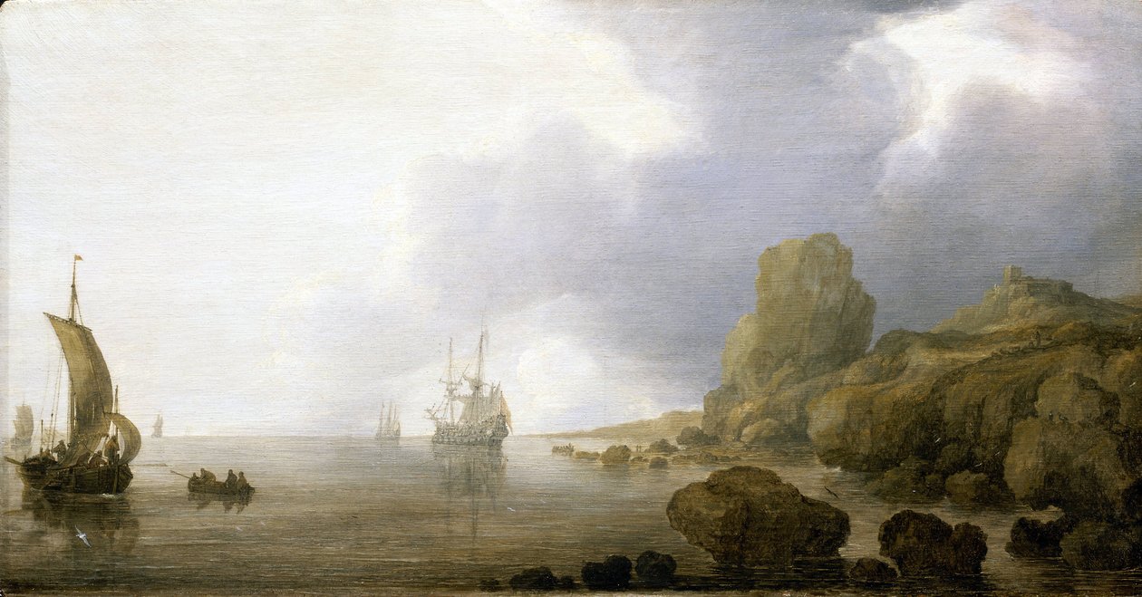 Lodě v mělkých vodách skalnaté zátoky, romantická a idealizovaná představa. Olej na dřevě, autor Simon de Vlieger (1600-1653). od Simon Jacobsz. Vlieger