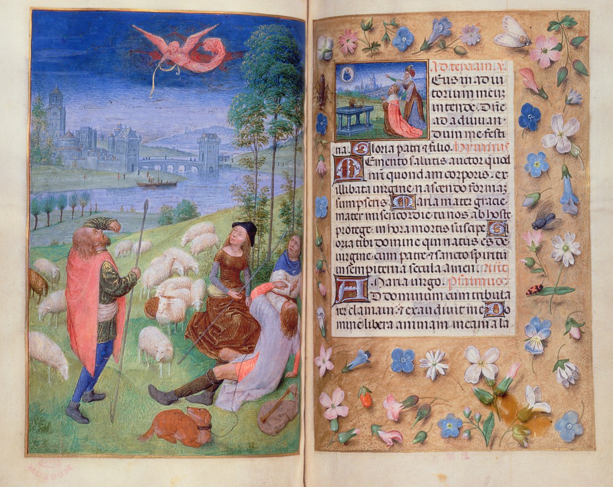 Přidat 38126 fol.79v-80 Zvěstování pastýřům, z hodin Huth od Simon Marmion