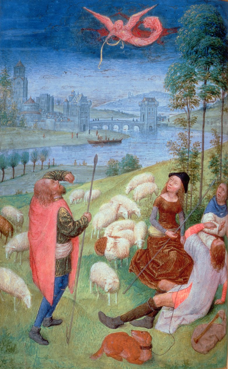 Přidat 38126 fol.79v-80 Zvěstování pastýřům, z hodin Huth, 485-90 (vellum)iennes (detail 20281) od Simon Marmion