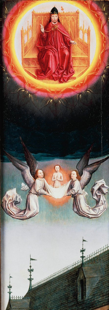 Duše svatého Bertina stoupající k nebi, fragment oltářního obrazu svatého Bertina, ca 1459, Simon Marmion (asi 1425-1489), olej na desce, 57,7x20,5 cm od Simon Marmion