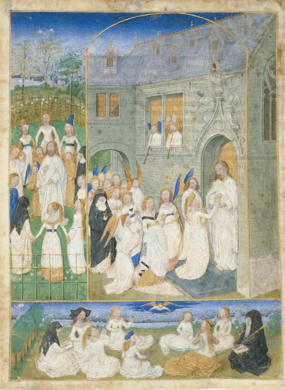Svaté Panny pozdravené Kristem, když vstupují do bran ráje, ca. 1467-70. od Simon Marmion