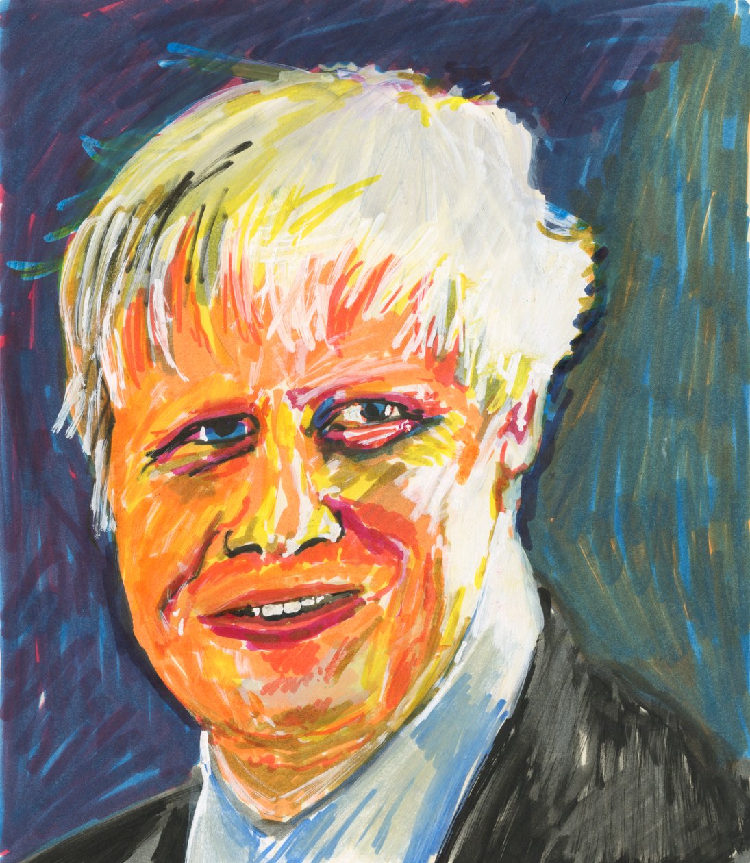 Boris Johnson, 2019 (tuš a akrylové barvy na papíře) od Simon Neville