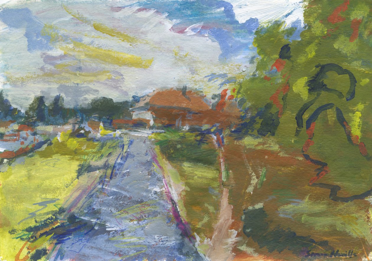 Pavlač a zkratka k domům, 2024 (akryl, akvarel, akvarelové tužky a olejový pastel na papíře) od Simon Neville