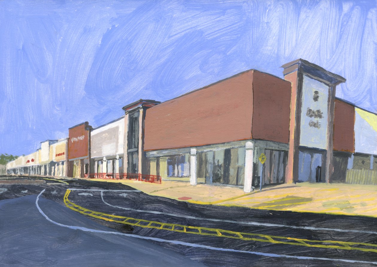 Strip mall 8, 2023 (akryl na papíře) od Simon Neville