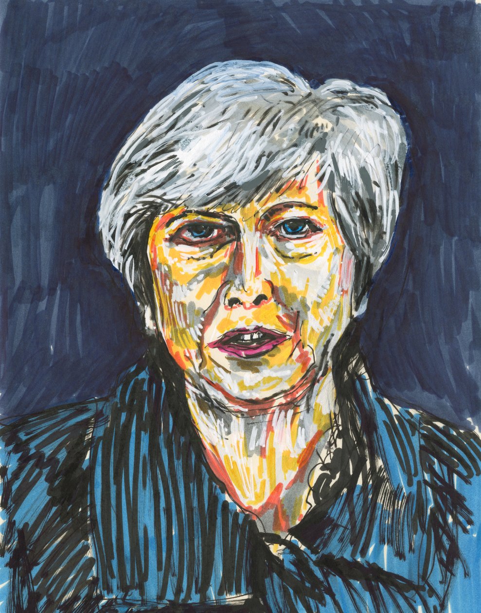 Theresa May, 2019 (tuš a akrylové barvy na papíře) od Simon Neville