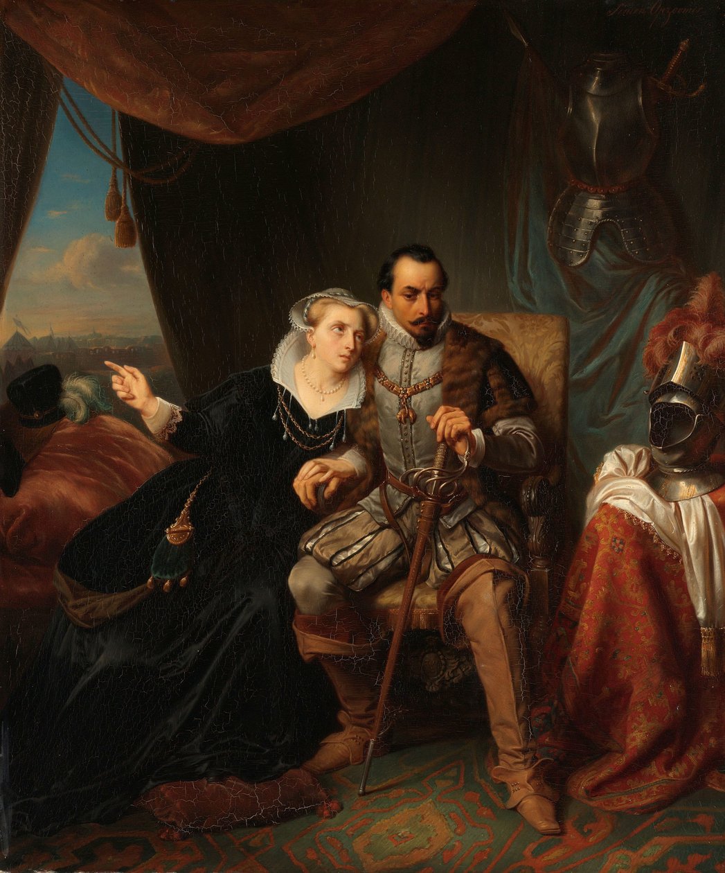 Magdalena Moons prosí svého snoubence Francisca Valdeze, aby odložil útok na Leiden na další noc, 1574 Scéna z osmdesátileté války od Simon Opzoomer