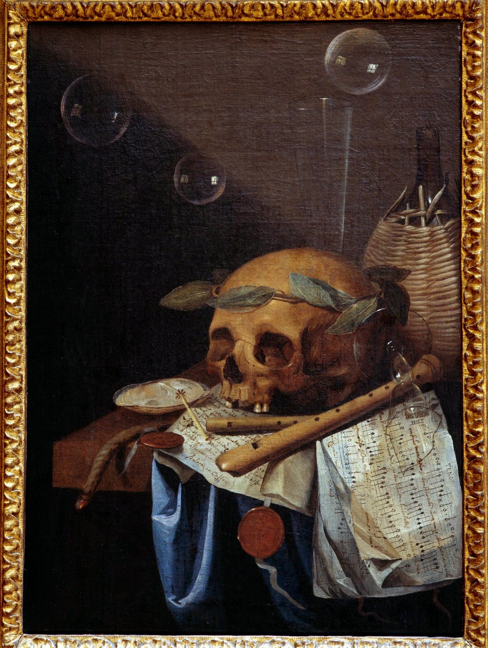 Vanitové zátiší z lebky koruna vavřínů, flétny, partitury a džbán na víno. Obraz Simona Bernarda ze Saint Andre (1613-1677) 17. století Sun. 0,6x0,43 m Lyon, Musee des Beaux Arts od Simon Renard de Saint Andre