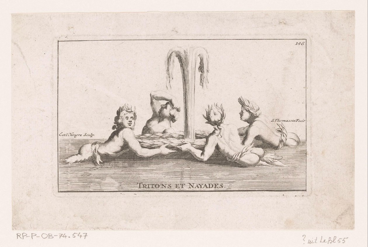 Fonteinsculptuur van tritonen en naïaden Tritony a Nayady. (název na objektu) Sbírka soch, skupin, fontán, termínů, váz a dalších nádherných ozdob zámku a parku ve Versailles (název série) od Simon Thomassin