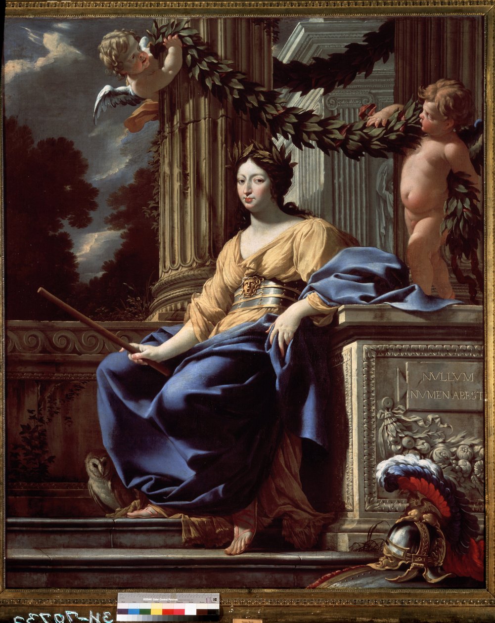 Alegorický portrét Anny Rakouské (1601-1666) (Alegorický portrét Anny Rakouské). Královna Francie reprezentovaná jako bohyně Minerva (Athéna) obklopená svými atributy (přilba, štít, sova a pás s maskou Medúzy). Registrace od Simon Vouet