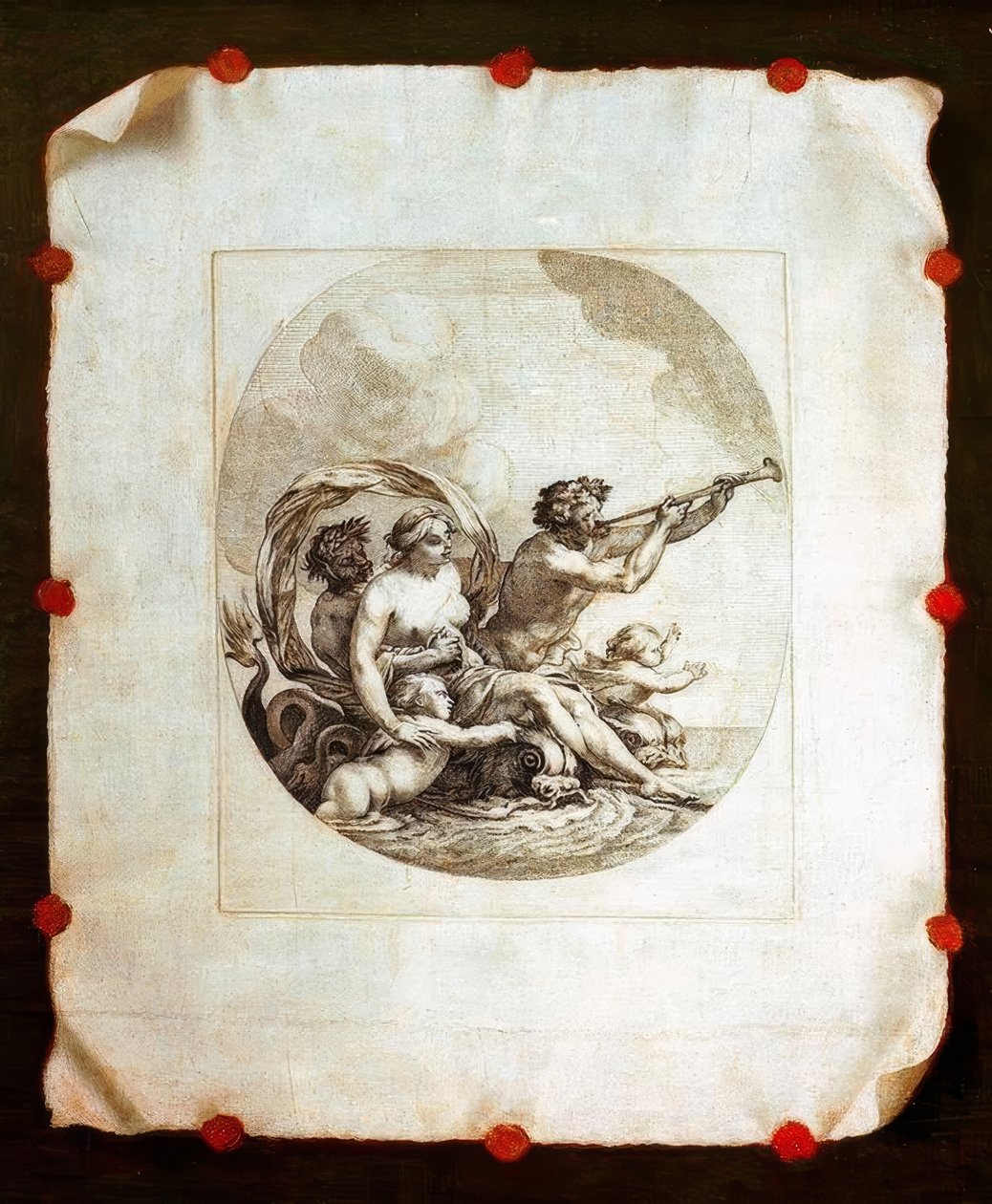 Trompe l’oeil s mědirytinou Galatea od Simon Vouet