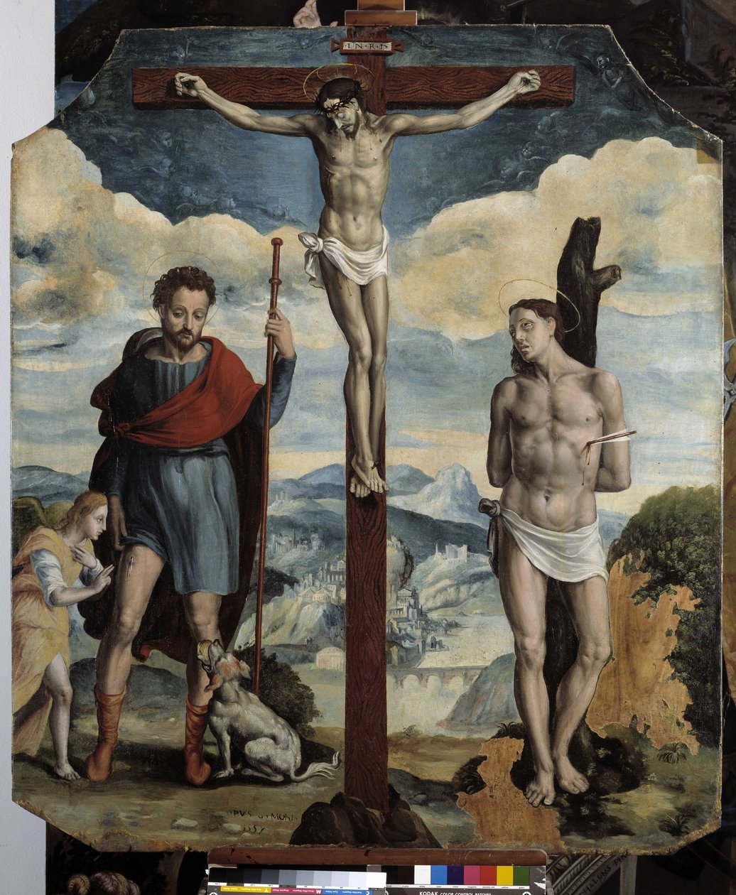 Ukřižování se sv. Rochem a sv. Šebestiánem (olej na dřevě) od Simon de Châlons