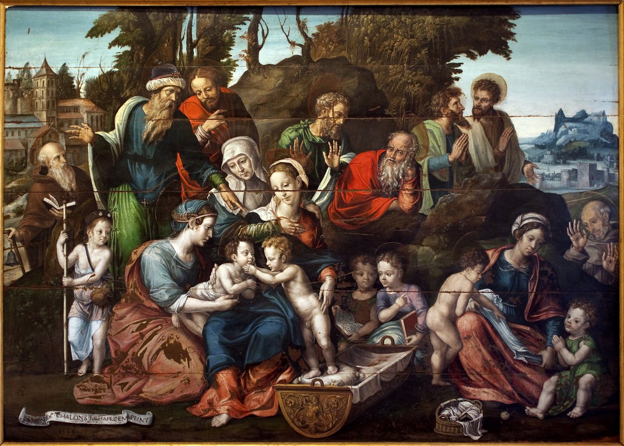 Svatý rodič. (Saint Anne, obklopená svými třemi postupnými manžely, Salome (Blue Tunic, s špičatým ukazováčkem), Cleophy (s červeným kabátem, otcem Marie Cleophy) a Joachimem, otcem Panny (Red Coat, hlava spočívající na pěst) . V CEN od Simon de Châlons