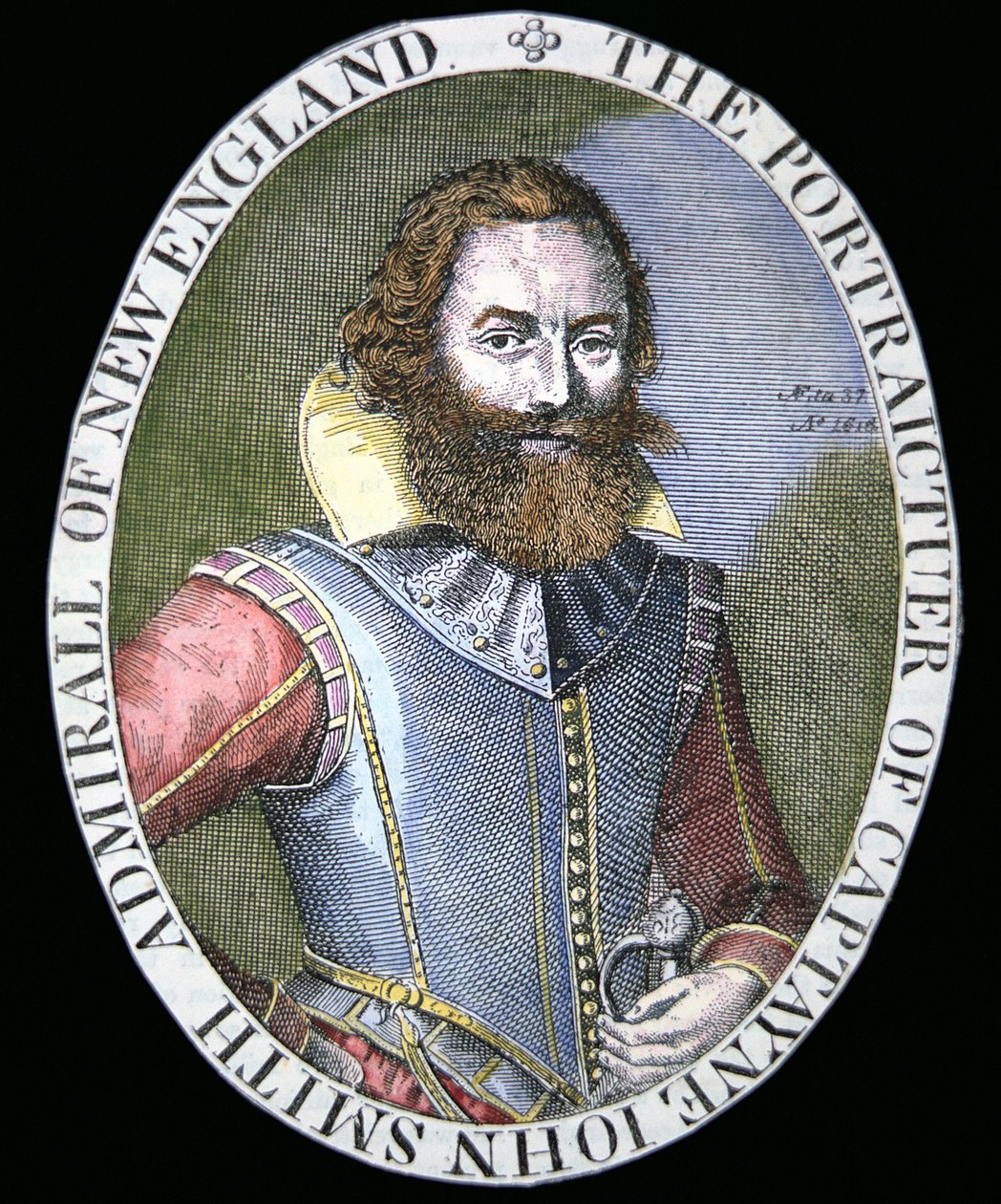 Captain John Smith (1580-1631) (barevná rytina) od Simon de Passe