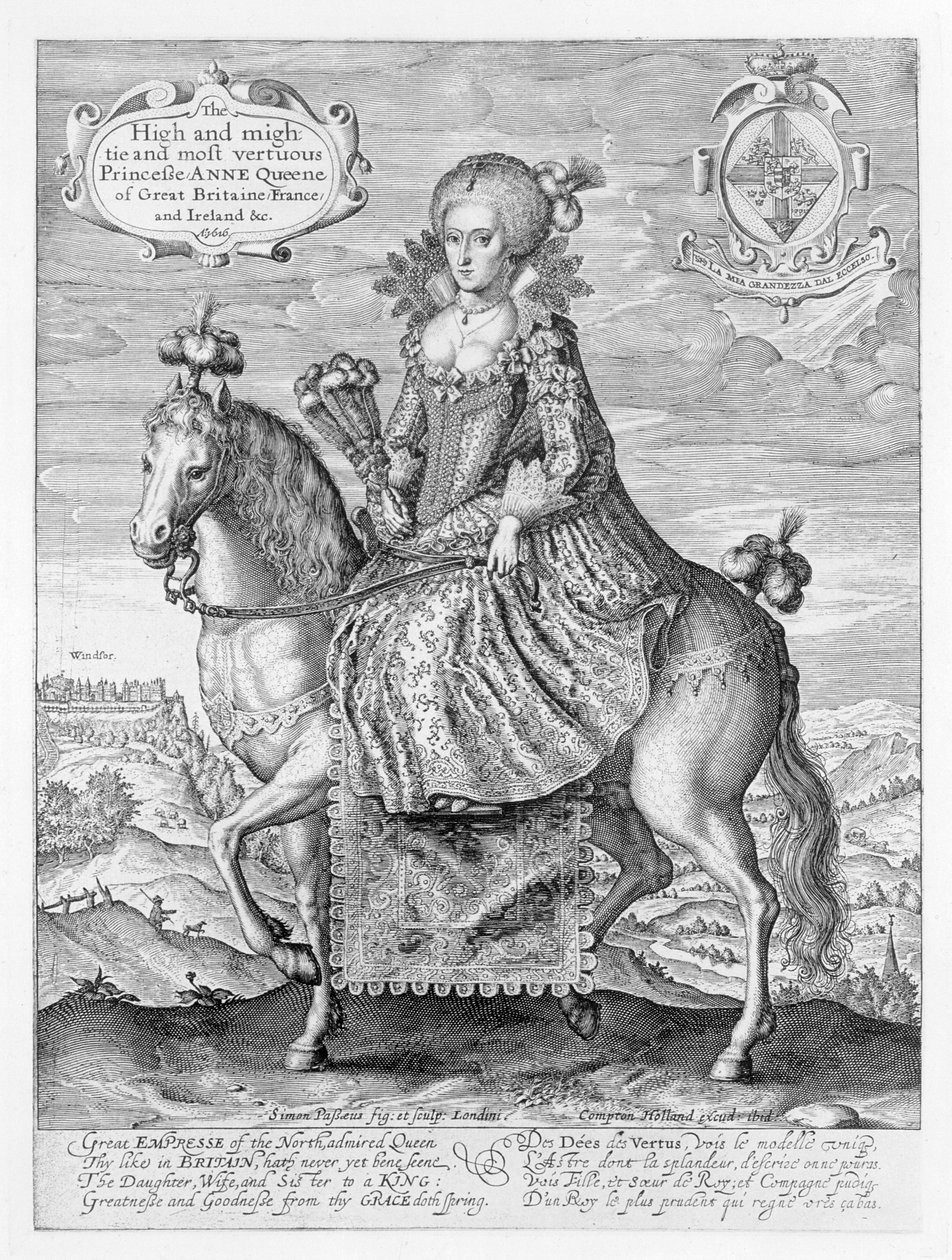 Jezdecký portrét Anny Dánské (1574-1619) vyrytý umělcem, hospoda. Compton Holland, 1616 od Simon de Passe