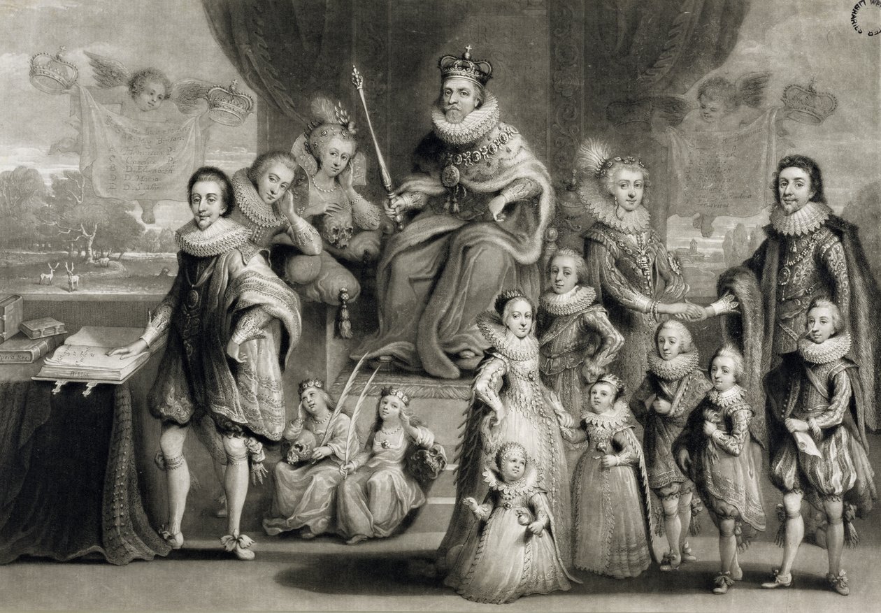 Jeho Veličenstvo Jakub I. a jeho královské potomstvo spolu s rodem českého krále, ryl Charles Turner (1773-1857), 1814 od Simon de Passe