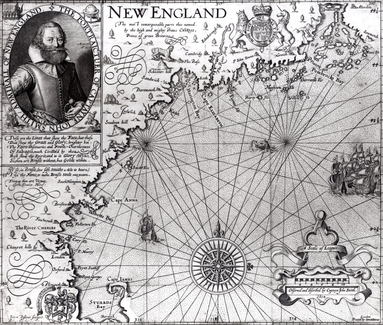 Mapa pobřeží Nové Anglie, kterou pozoroval a popsal kapitán John Smith (1580-1631) 1614, z „Generall Historie“, 1624 od Simon de Passe