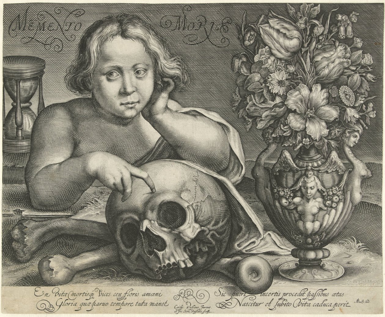 Dítě s lebkou (Vanitas) Memento Mori (název na objektu) od Simon van de Passe