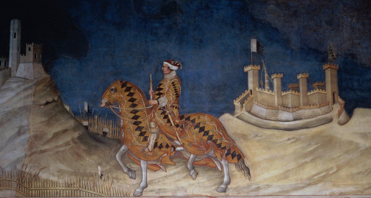 Uctění památky Guidoriccia da Fogliana při obléhání Montemassi, ze Sala del Mappamondo, 1328 (detail) od Simone Martini