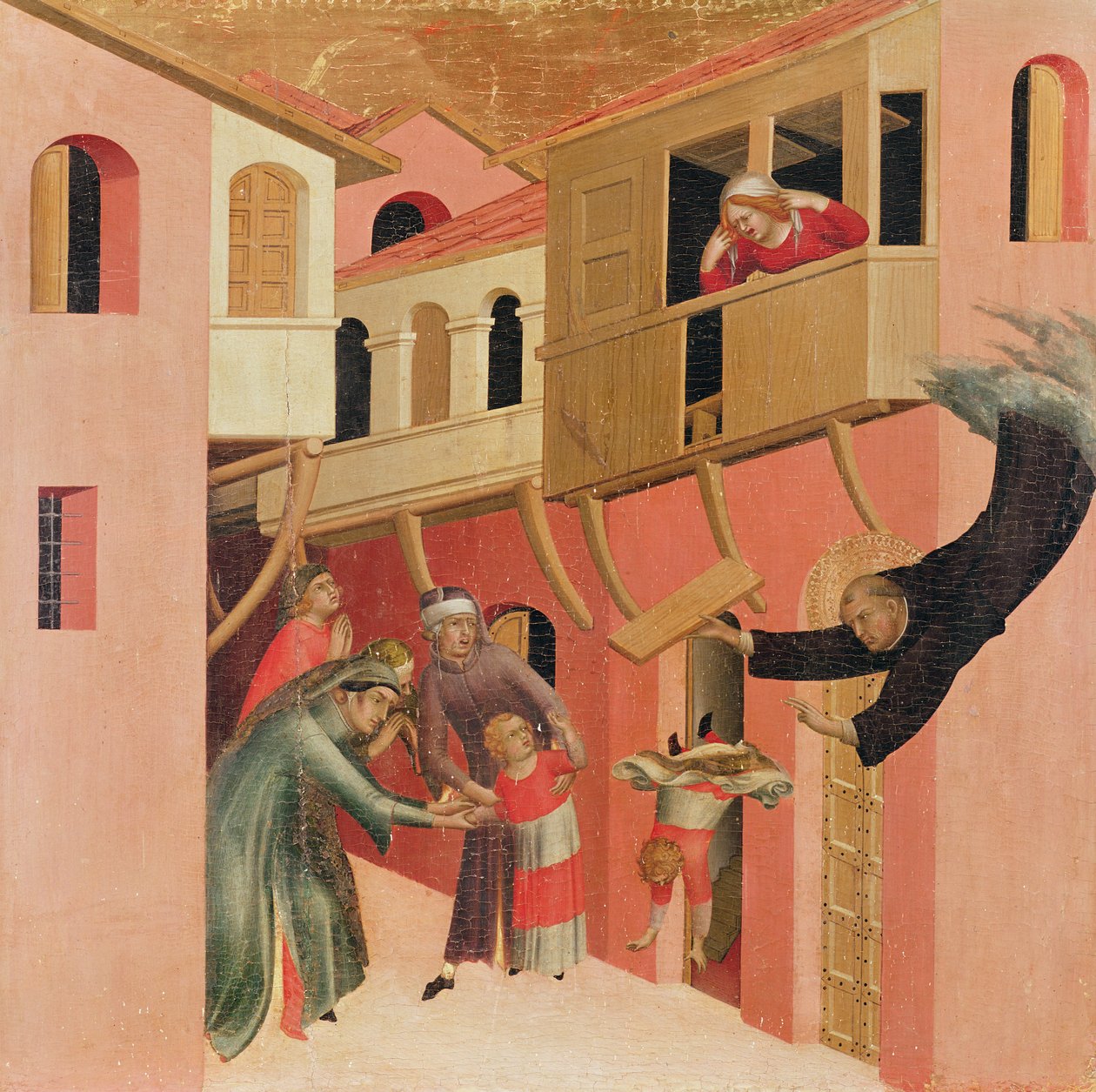 Polyptych blahoslaveného Agostina Novella a čtyři příběhy jeho života, detail levého panelu Agostina Novella zachraňujícího dítě při pádu z balkónu, kolem 1328 (tempera na panelu) od Simone Martini