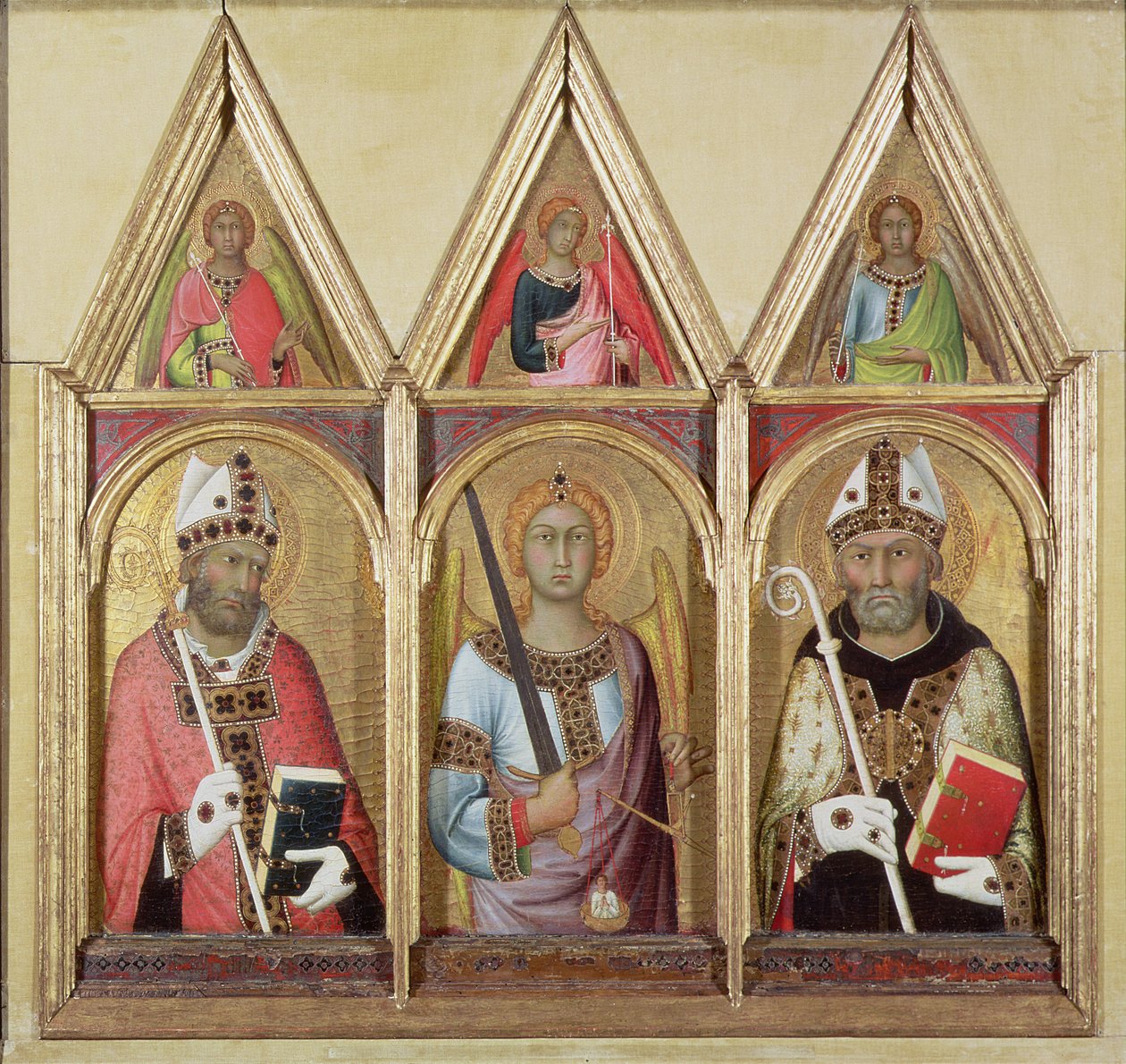 St. Geminianus, St. Michael a St. Augustine, c.1319 (tempera se zlatem na panelu) (detaily 58834 a 58836) od Simone Martini