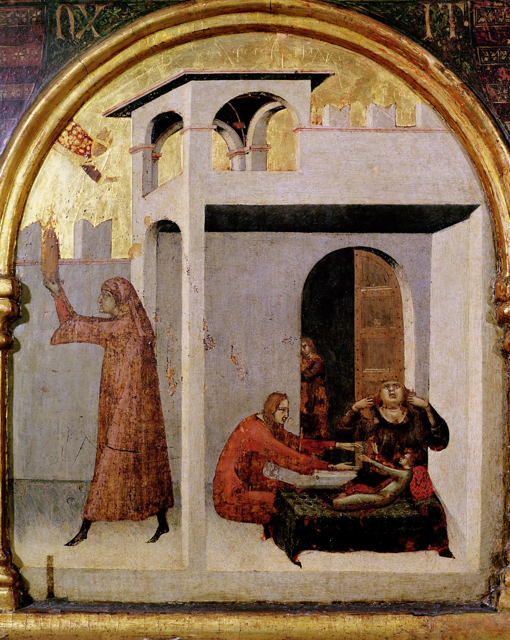 St. Louis z Toulouse (1274-97) zjevující se u lůžka nemocného dítěte, panel predella z oltáře svatého Ludvíka z Toulouse, 1317 (tempera na panelu) od Simone Martini