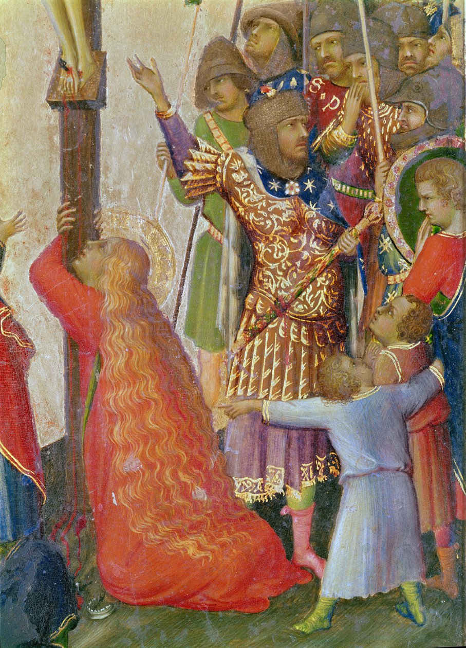 Detail The Strike of the Lance skupiny obklopující tempery Máří Magdalény na panelu od Simone Martini