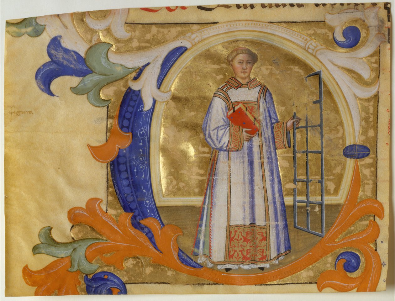 Iluminace rukopisu se svatým Vavřincem v iniciále C, z graduálu, italština, ca. 1380-90. od Simone Camaldolese