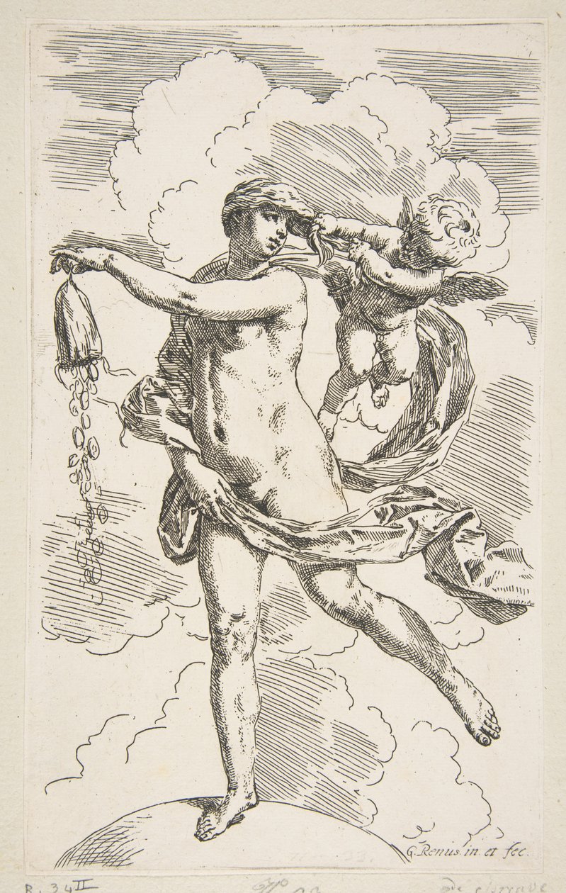 Fortune stojící na zeměkouli vyprazdňující peněženku mincí, ca. 1635-1636. od Simone Cantarini